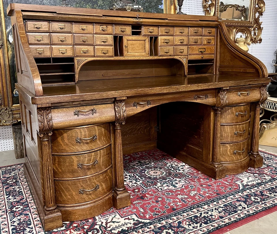 American Antique S Curve Golden Oak 72" Scarritt-Comstock Co Roll Top Desk C1890 - Image 3 of 4