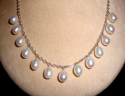 Sterling Silver Link Chain 13 Creamy White 10-12mm Drop Pearls Collar  Necklace