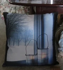 Oak Street Throw Pillow Winter Scene Lighted Lanterns in Window 6 Hour Timer