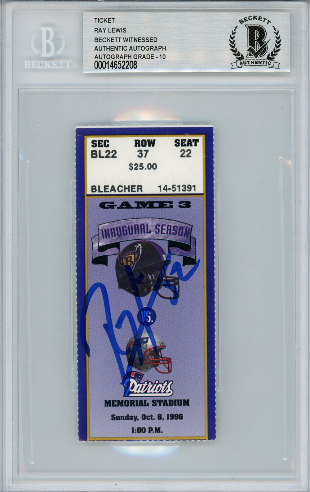 Ray Lewis Autographed Signed 10/6/1996 Vs Patriots Ticket Beckett Slab 39192 
