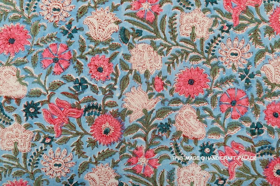 Indian Hand Block Print Flower Beautiful Blue 100% Cotton Women Dress Fabric Art - Image 2 of 4