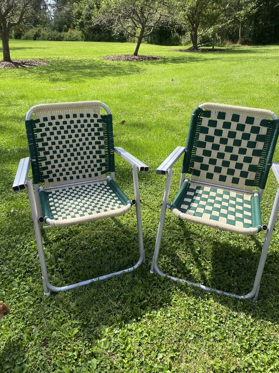 Aluminum Folding Lawn Chairs Woven Macrame Green Beige Lot Of 2