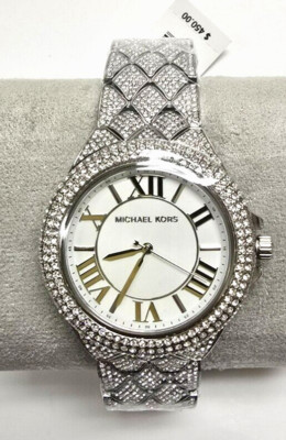 NEW MICHAEL KORS OVERSIZED CAMILLE SILVER,PAVE CRYSTALS BRACELET WATCH MK4803