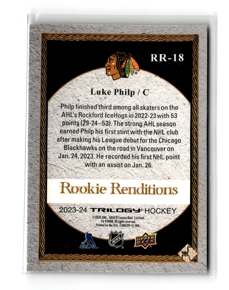 Luke Philp 2023-24 Upper Deck Trilogy Rookie Renditions #RR-18 Blackhawks - Image 2 of 2