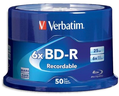 50-Pak 25GB Verbatim 6X BLU-RAY BD-R's (logo top) in Cakebox, Verbatim 98397