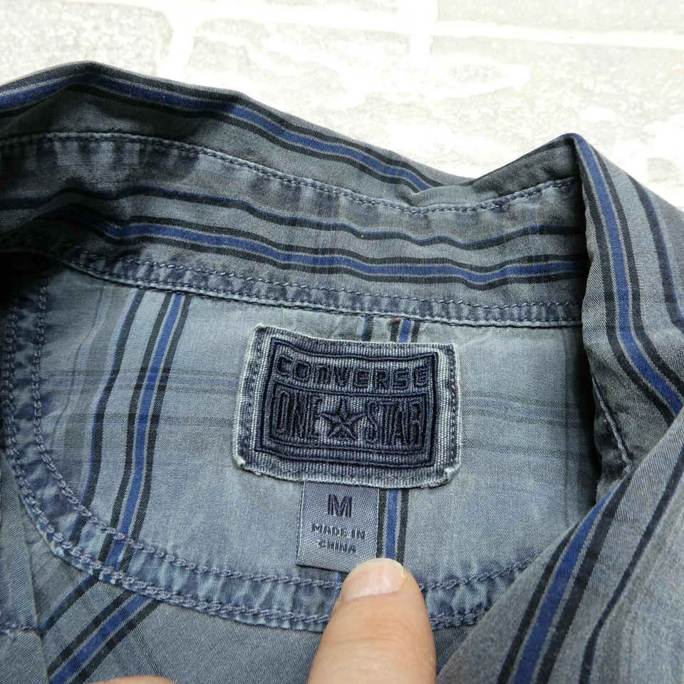 Converse One Star Shirt Adult M Blue Striped Black Snaps Lightweight Cotton Mens - Image 3 of 4