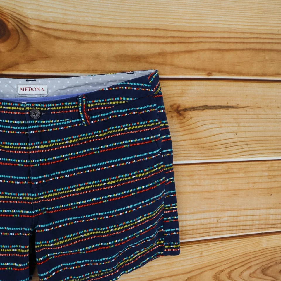 Shorts Merona Feminino Tamanho 12 Azul Colorido Geométrico 100% Algodão Bolsos Cintura Média - Imagem 4 de 4