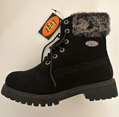 Lugz Women s Black Lace-Up Ankle Bootie Faux Fur Lined Round Toe US 5.5
