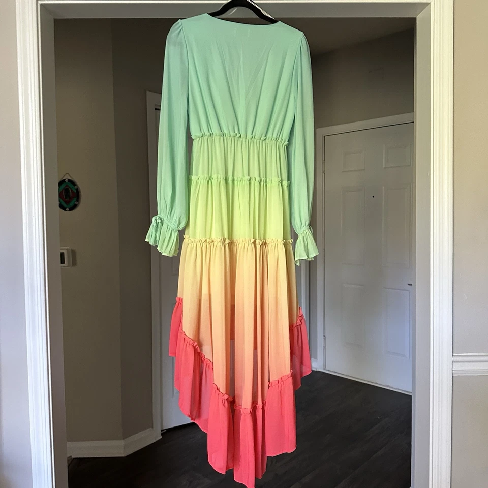 Champagne & Strawberry Tiered High Low Maxi Dress Womens Medium Blue Green Pink - Image 4 of 4
