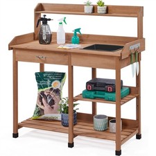 Garden Potting Bench Solid Wood Work Station with Sink Drawer Natural Brown
