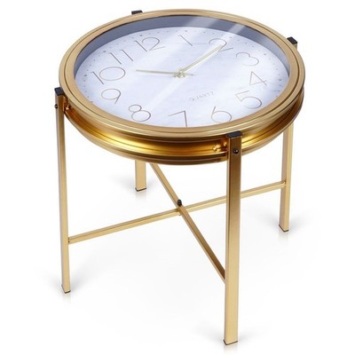 Couchtisch Metall Gold mit Uhr 42x40cm Wohnzimmertisch Beistelltisch modern
