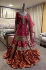 Pakistani Indian wedding bridal mehndi dholki sharara suit. Medium. Pink orange