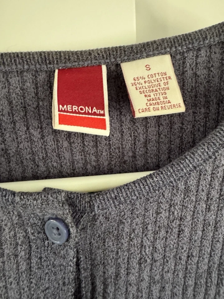 复古 Merona 海军蓝罗纹毛衣 S 纽扣圆领长袖弹力 Y2K — 第 3/3 张图片