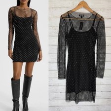 Express Mesh Overlay Rhinestone Studded Long Sleeve Mini Dress Medium