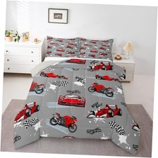 Red Grey Race Car Bedding Set Kids Sports Car Comforter Full Grey and Black