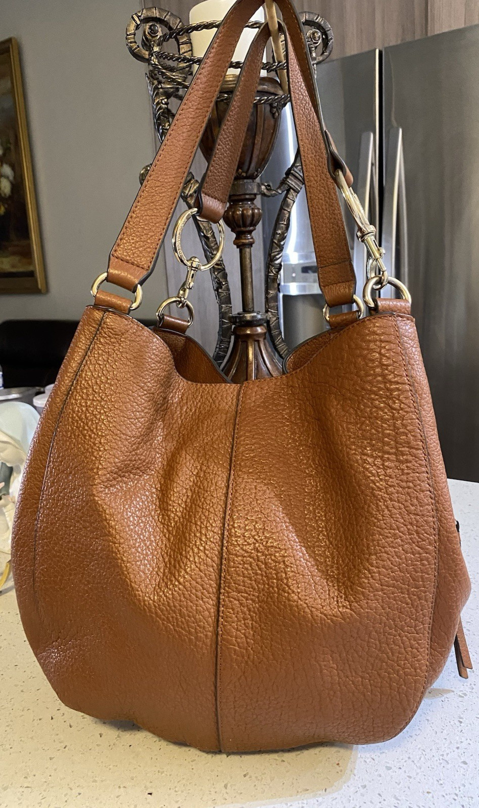 Vince Camuto Womens Tan Leather Double Handle Inner Pockets Zipper Shoulder Bag