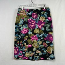 Talbots Straight Skirt Womens 4 Black Multi-Color Floral Cotton Silk Blend