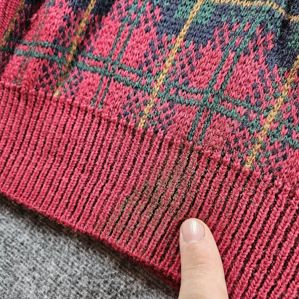 Vintage LL Bean Sweater Mens XL Red Green Wool Plaid Crewneck Knit USA 90s - Image 2 of 4