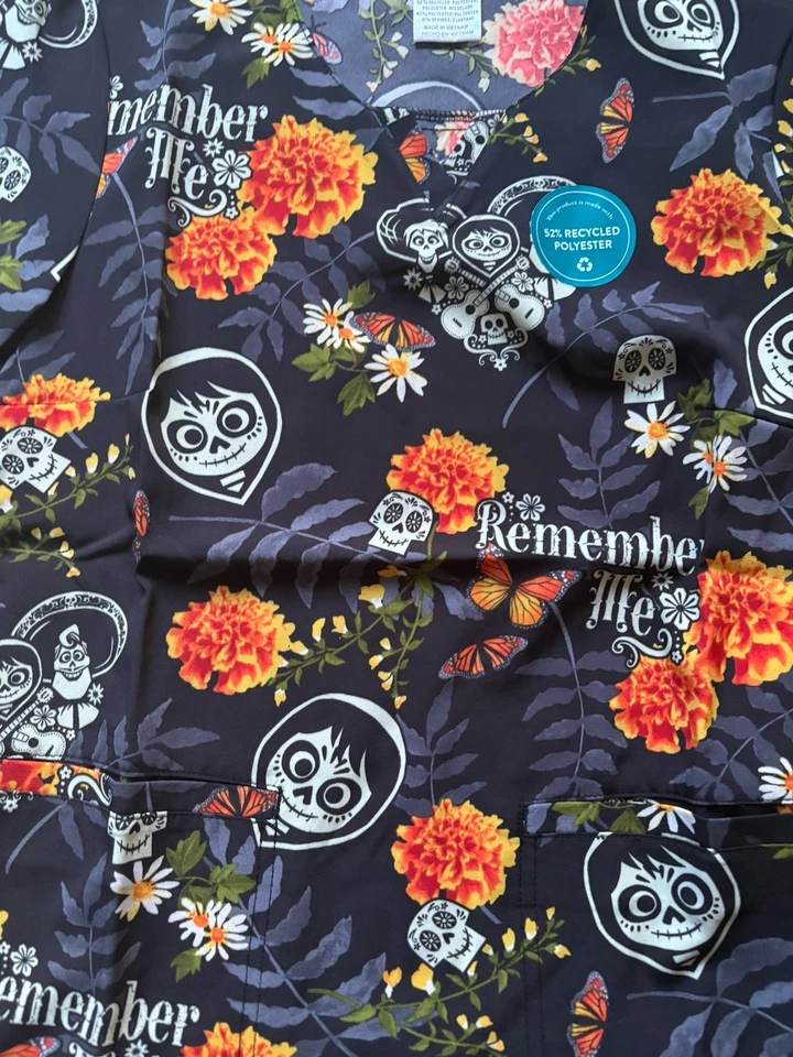 Disney Scrub Uniform Top Women’s Size XXS Pixar Coco Day of the Dead - Image 2 of 4