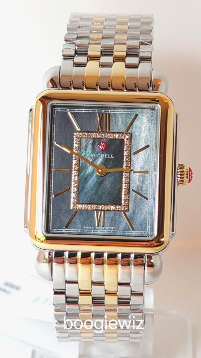 MICHELE SWISS  DECO II DIAMOND RARE NAVY BLUE 2 TONE MOP WATCH, MWW06x000050 NIB