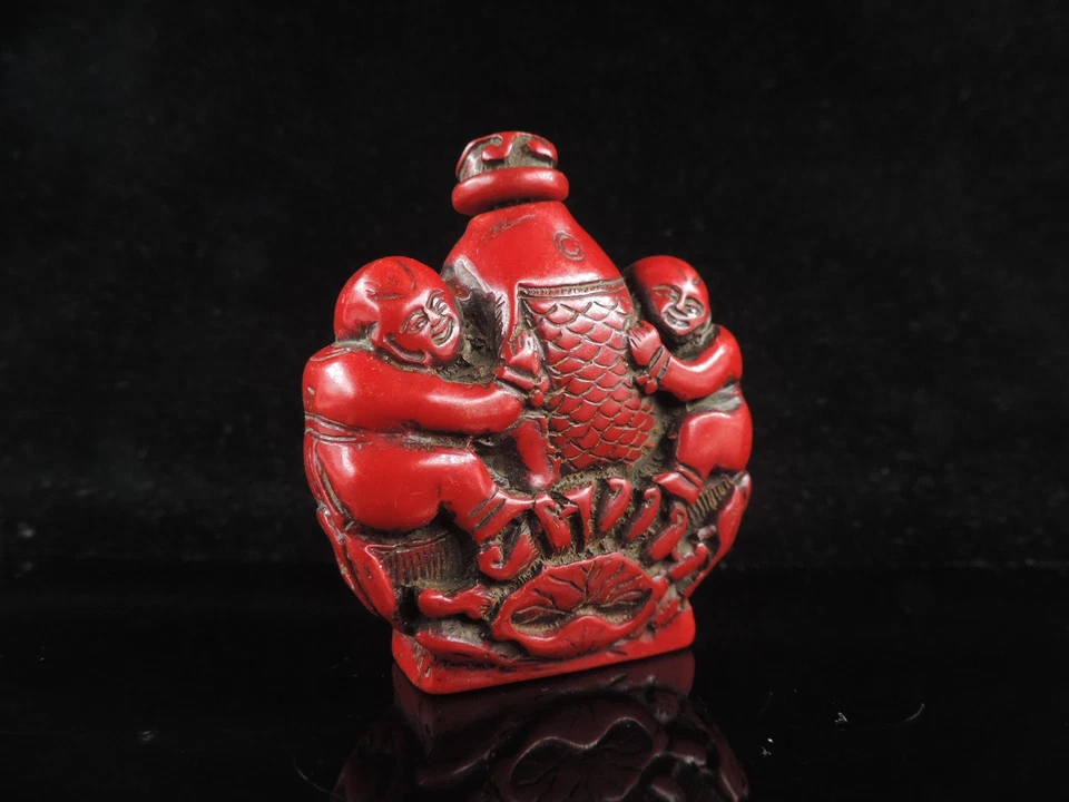 Frasco de tabaco chino antiguo tallado a mano figura de pez estatua botella de tabaco Foto 4 de 4