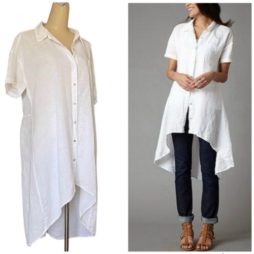 Eileen Fisher Irish Linen Tunic Shirt Dress Button Front High Low Large White - Picture 7 of 9