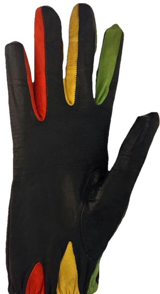 Guantes de cuero vintage únicos Art Deco para damas negros y multicolores geométricos únicos en su clase Foto 2 de 4