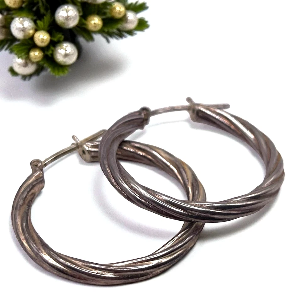 Pendientes de aro vintage italianos 925 con diseño de cable de cuerda trenzada de ley, 1 1/8" Foto 2 de 4