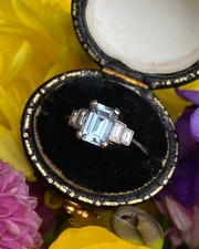 Art Deco Aquamarine and Diamond Platinum Ring 0.25ct + 1.0ct