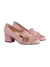 Gucci Marmont Block Heel Fringe Pink Suede Size 37