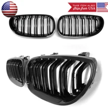 Pair Gloss Black Bumper Dual Slats Grille Grill Fit 03-10 BMW E60 E61 5-Series
