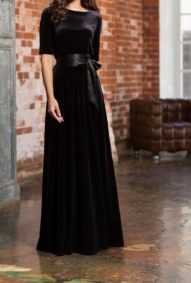 Black Velvet Dress with Satin Belt Half Sleeve Wedding Evening Fit & Flare  Dress | eBay