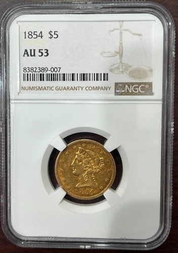 1854 LIBERTY HEAD HALF EAGLE $5 GOLD NGC AU53