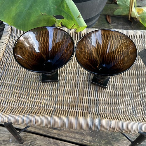 Pair JAN BARBOGLIO BROWN GLASS CONE ETCHED LAUREL DESIGN, 6x6” - Picture 21 of 21