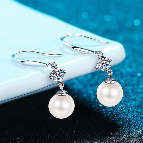 9MM Genuine Freshwater White Pearl 0.6CT Moissanite Diamond Drop/Dangle Earrings - Picture 3 of 9