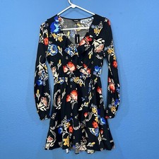 Express Short Black Floral Wrap Dress Ruffle With Tags Size XS