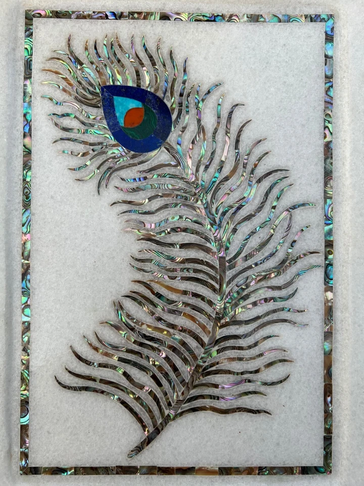 Marble Stone Serving Tray 9" X 12" Handmade Peacock mix Gemstone Inlay Work gift - Image 2 of 4