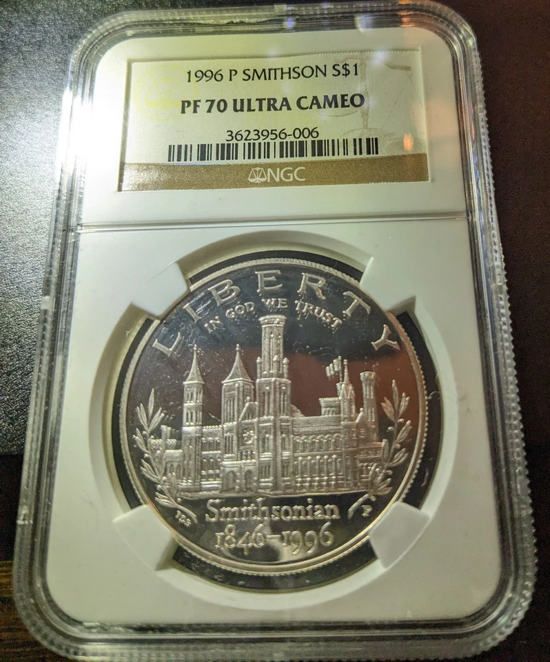 1996 P SILVER $1 SMITHSONIAN INSTITUTION COMMEMORATIVE NGC PF 70 ULTRA CAMEO - Image 2 of 4