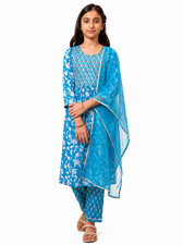 Girls Blue Printed Kurta Set with Dupatta Indian Ethnic Wear Kids Festive Outfit
