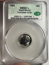 1966 SMS ROOSEVELT DIME S ON CHEEK VARIETY FS-401 CAC GRADED CACG SP67+ PLUS