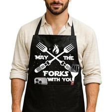 Funny Black Grill Apron With Pockets For Men Dad Husband Chef BBQ Cooking