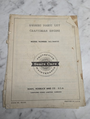 #ad SEARS CRAFTSMAN ENGINE OWNERS PARTS LIST MANUAL MODEL 143.566132 FORM #691333 $32.00