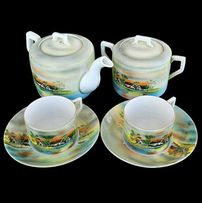Antique 19thC Imperial Russian Kuznetsov Painted Porcelain Tet-a-Tet Tea Set