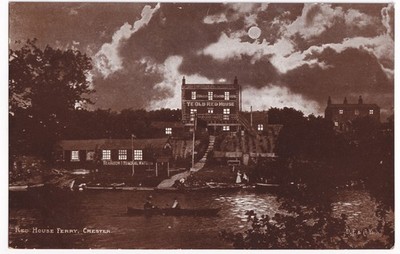 Rotes Haus Fähre Chester River Dee Mondschein Nacht Vintage Topo Postkarte UK 1900er