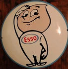 VINTAGE Esso Gas Pump Sign Porcelain Sign 11-1/2" Round Domed Flat Center Old