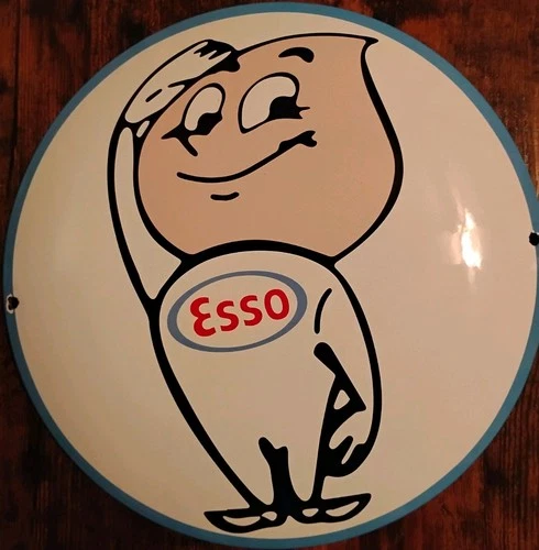 VINTAGE Esso Gas Pump Sign Porcelain Sign 11-1/2" Round Domed Flat Center Old