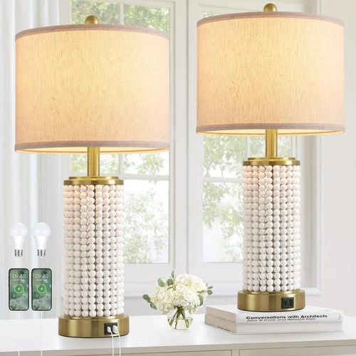 Wood Beaded Table Lamp Set of 2 for Living Room Bedroom Touch Control 3-Way D...