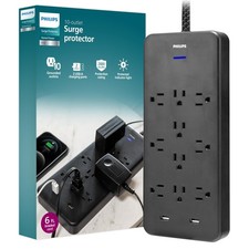 Philips EZFit 10-Outlet Surge Protector Power Strip, 6 Ft Braided Extension C...