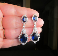 Beautiful cobalt blue  clear glass silver-tone 2" long dangle earrings