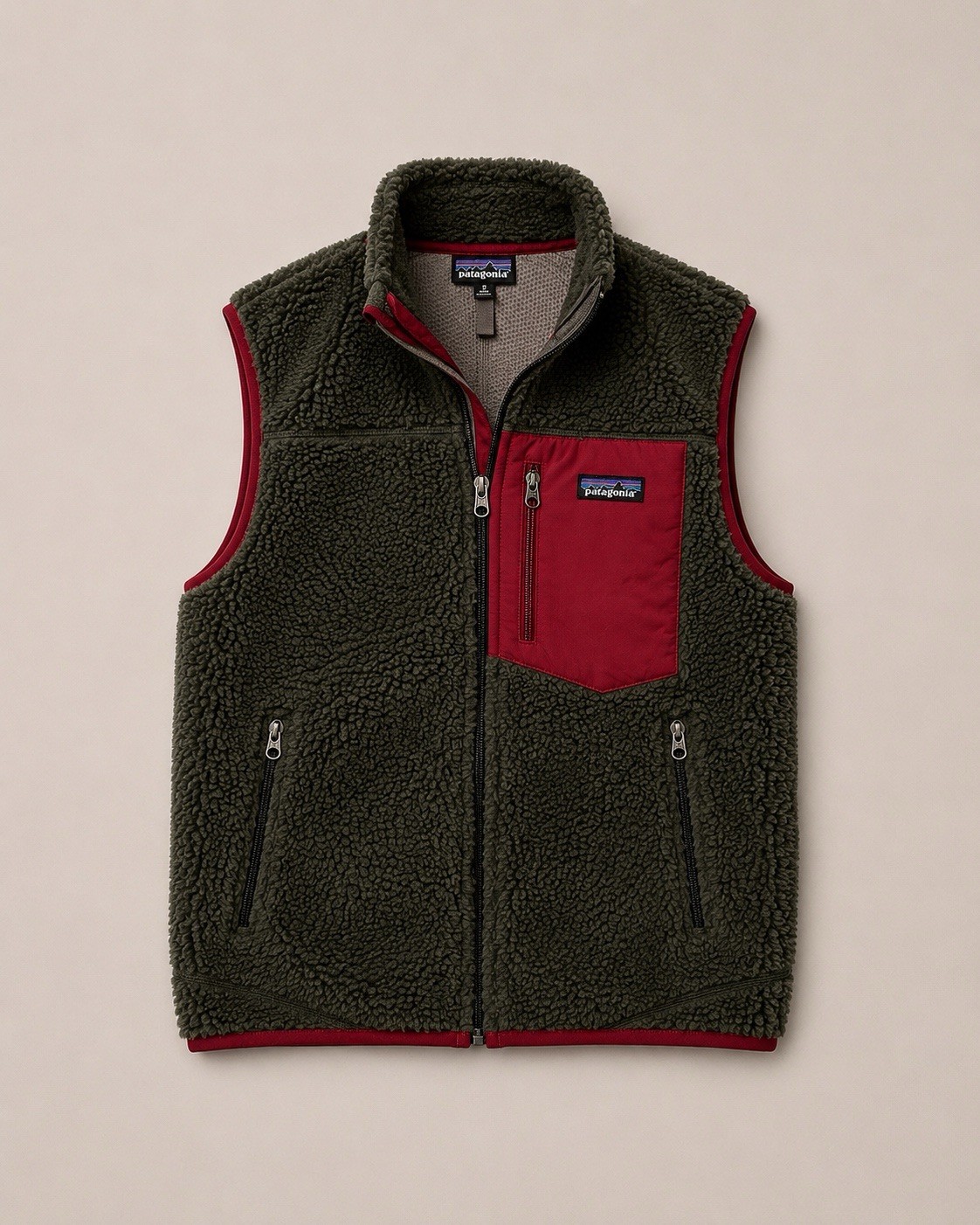 Patagonia Retro Pile Fleece Vest Olive Green Red Full Zip Mens SIZE Small.